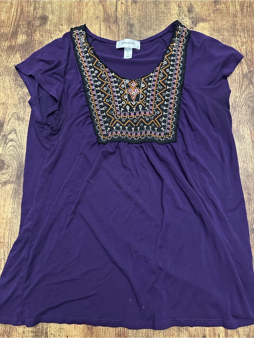 dressbarn Purple Short Sleeve Tunic with beaded Bib small spot